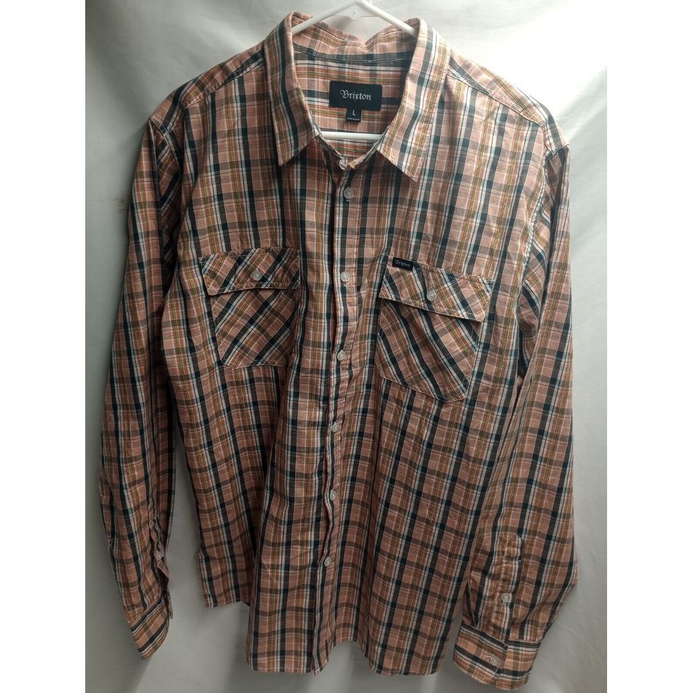 Brixton‎ Shirt Mens Large Orange Plaid Button Up Long Sleeve Short Front Pockets